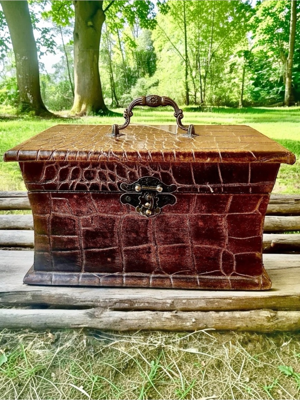 Vintage Hinged Wood Box Leather Overlay Felt Interior Metal Handle Trinket Jewel